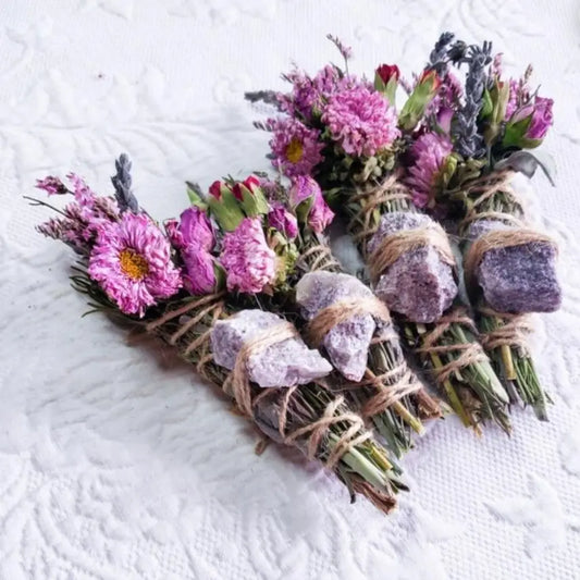 6" PEACE Floral Smudge Wand - Lepidollite Rosemary, Sage and Lavender