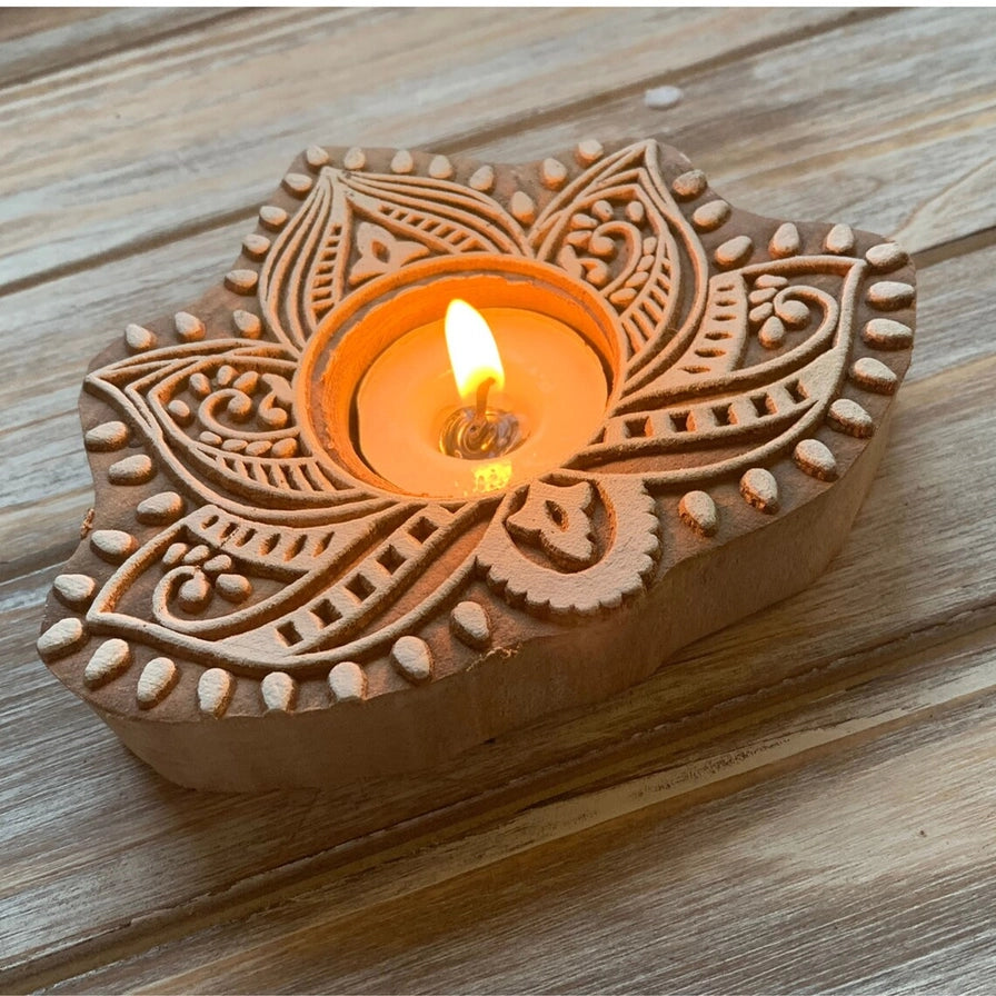 Hand Carved Wooden Lotus Candle