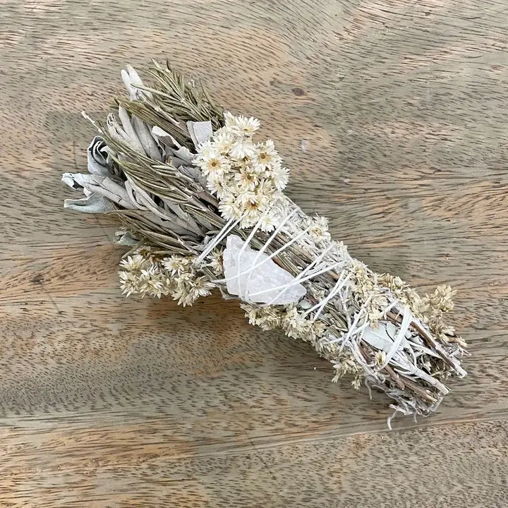 Rosemary & Sage Floral Sage Wand with Quartz Crystal