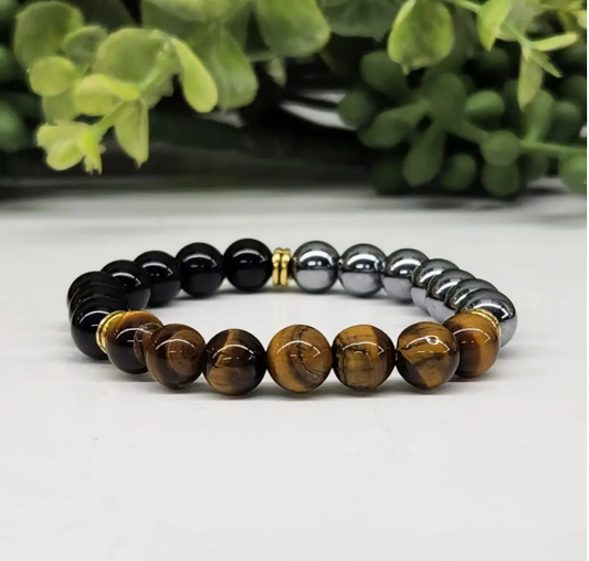 "Triple Protection" Bracelet - Hematite/Tiger Eye/Black Obsidian Stretchable Bracelet