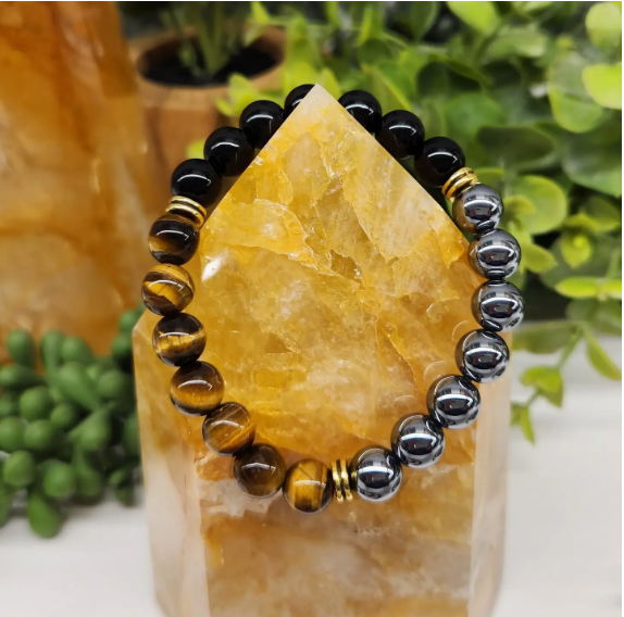 "Triple Protection" Bracelet - Hematite/Tiger Eye/Black Obsidian Stretchable Bracelet