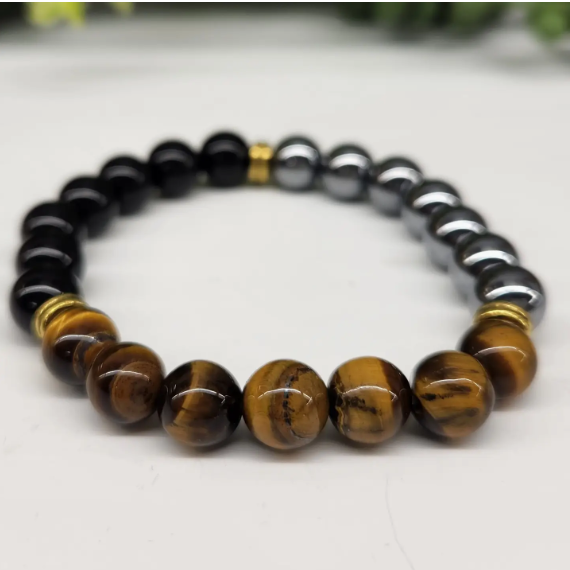 "Triple Protection" Bracelet - Hematite/Tiger Eye/Black Obsidian Stretchable Bracelet