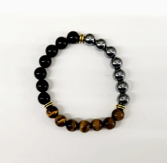 "Triple Protection" Bracelet - Hematite/Tiger Eye/Black Obsidian Stretchable Bracelet