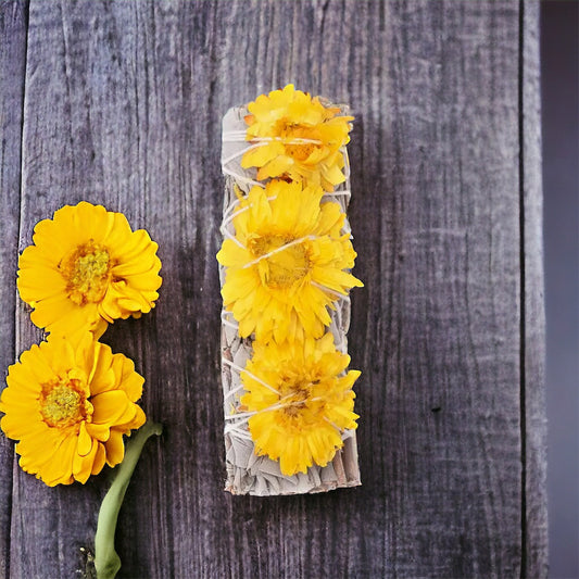 4" POSITIVITY Dried Floral Sage Wand - Yellow Strawflower