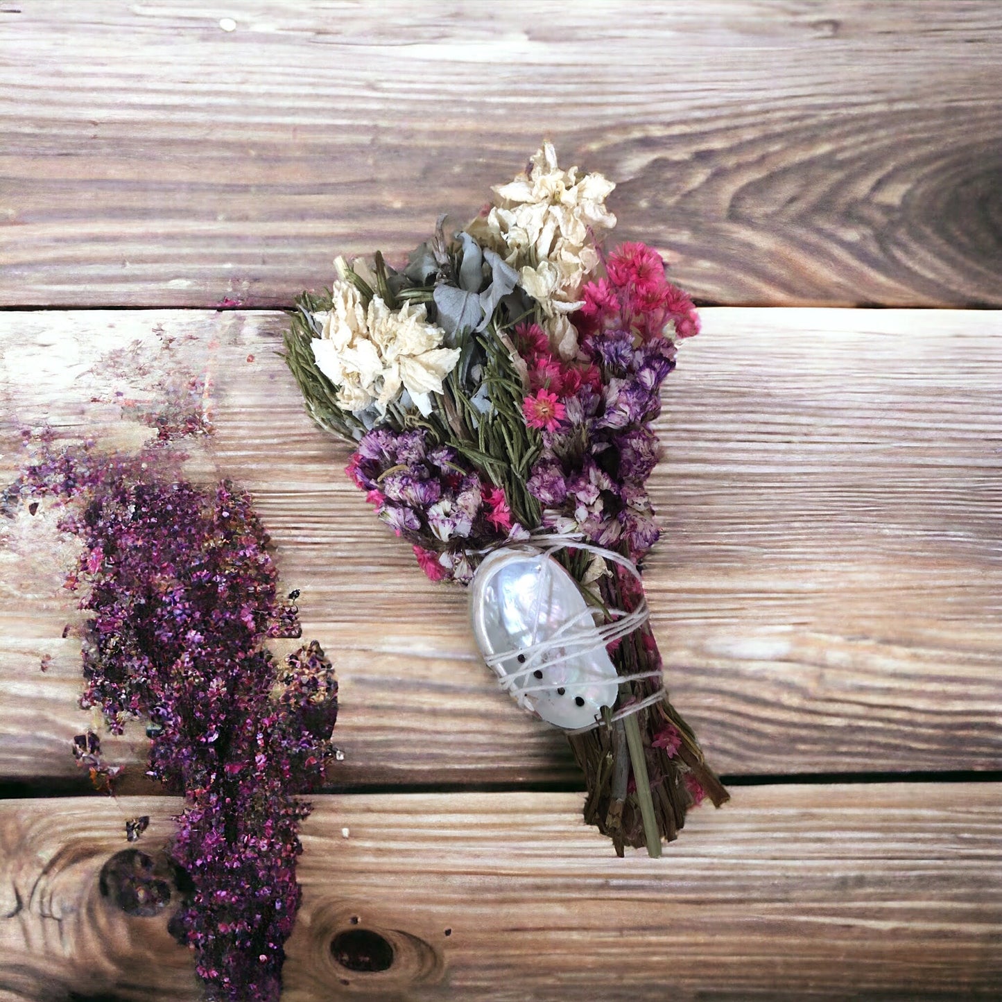 Pink & White Floral Sage Wand with Abalone Shell