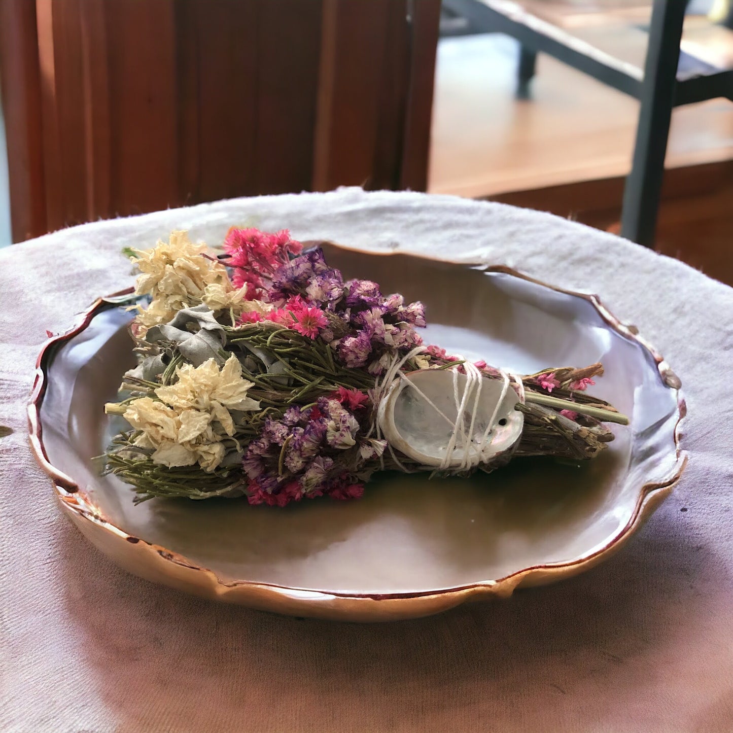 Pink & White Floral Sage Wand with Abalone Shell