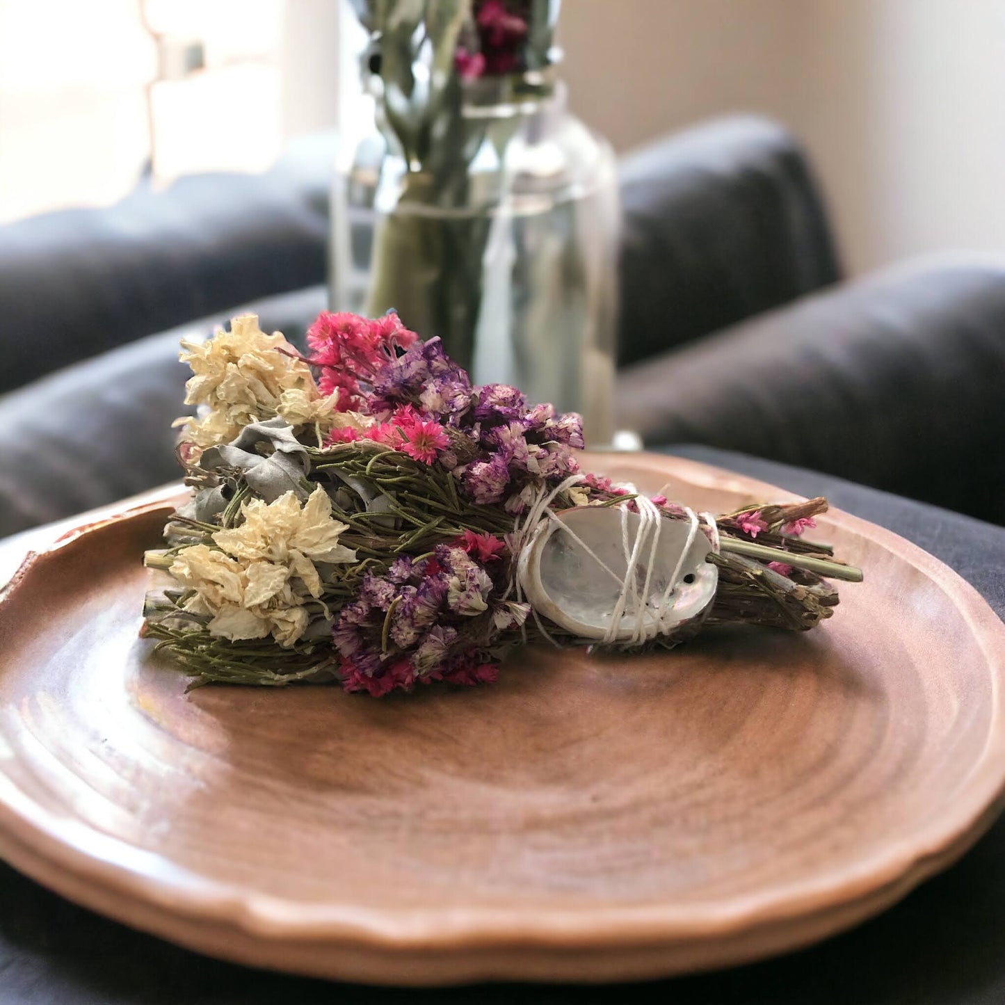 Pink & White Floral Sage Wand with Abalone Shell