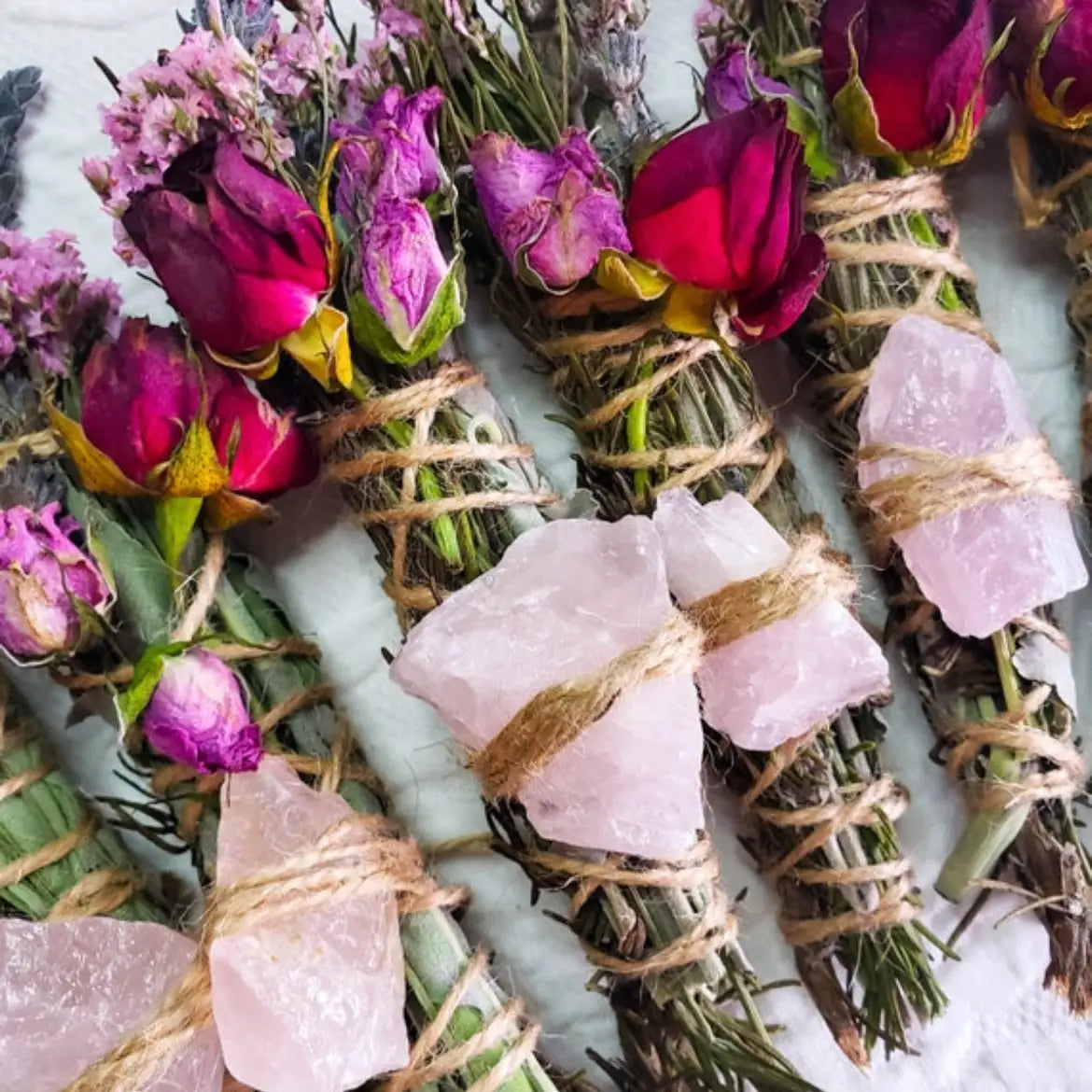 6" LOVE Floral Smudge Wand - Rose Quartz, Rosemary, Sage and Lavender