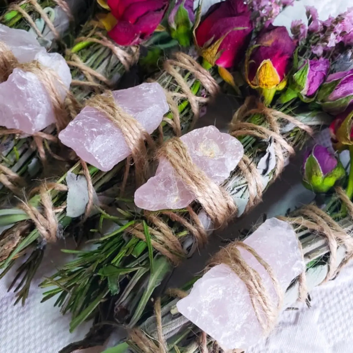 6" LOVE Floral Smudge Wand - Rose Quartz, Rosemary, Sage and Lavender