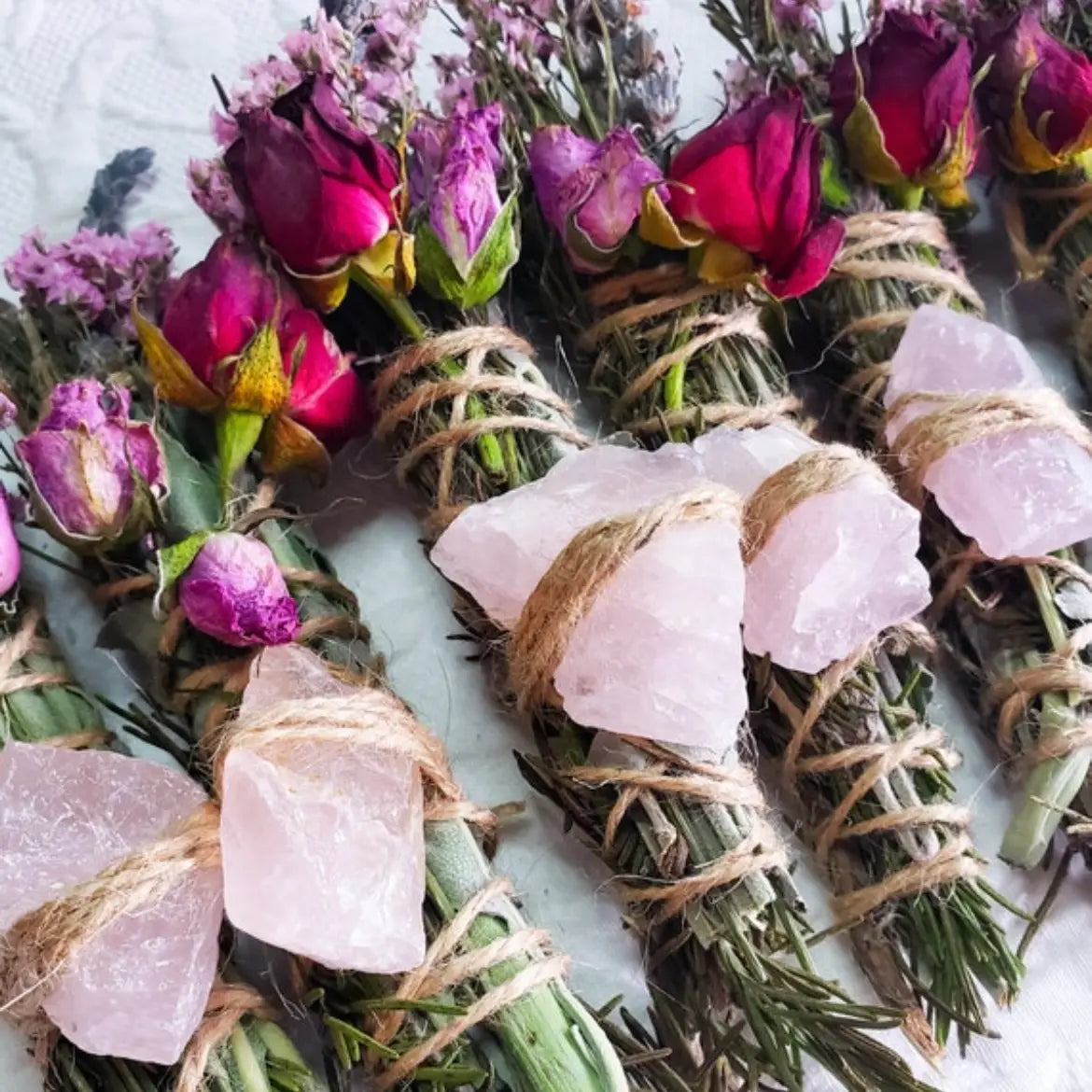 6" LOVE Floral Smudge Wand - Rose Quartz, Rosemary, Sage and Lavender