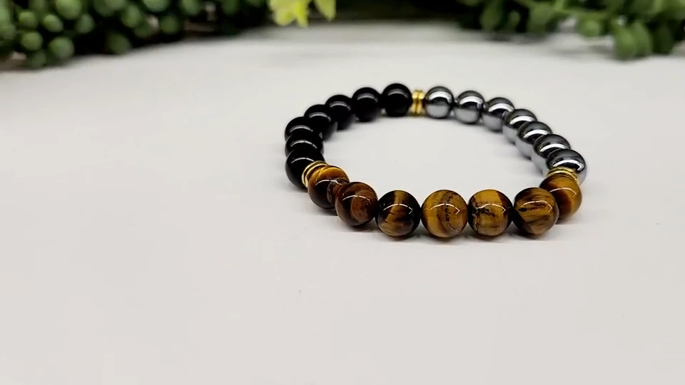 "Triple Protection" Bracelet - Hematite/Tiger Eye/Black Obsidian Stretchable Bracelet